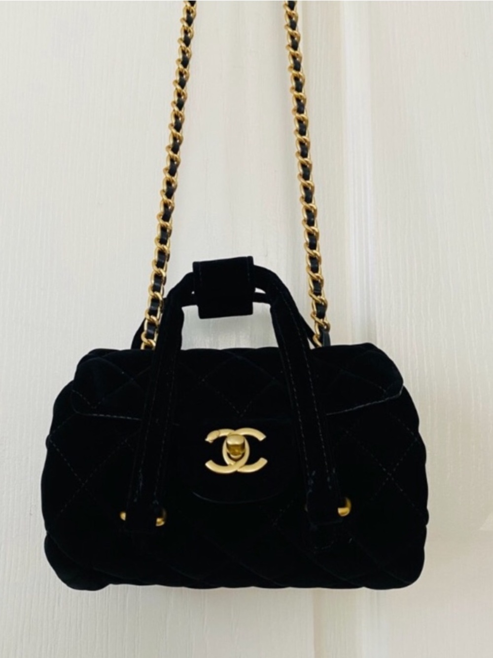 Brand New Chanel Made in Italy GWP Black Quilted Velvet Bowling Crossbody Bag